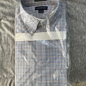 Lands' End Men's Blue and White Check Dress Shirt
